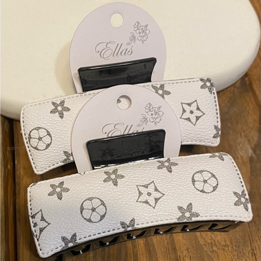 Ella White Patterned Leatherette Hair Claw Clip - Pair